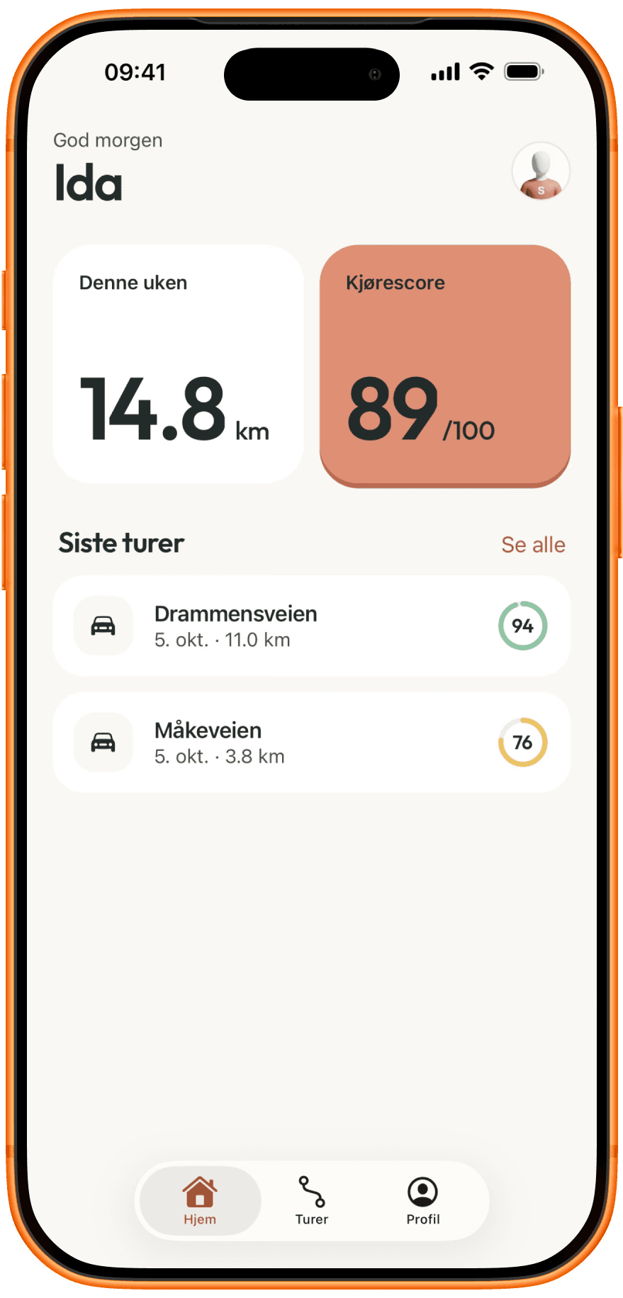 Settla-appen på iPhone viser hjemskjermen med kjørescore 89 og de siste turene