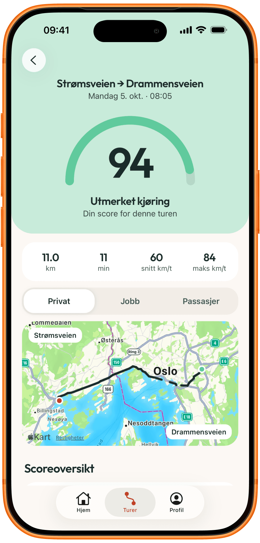 Settla-appen på iPhone viser en tur fra Strømsveien til Drammensveien med kjørescore 94