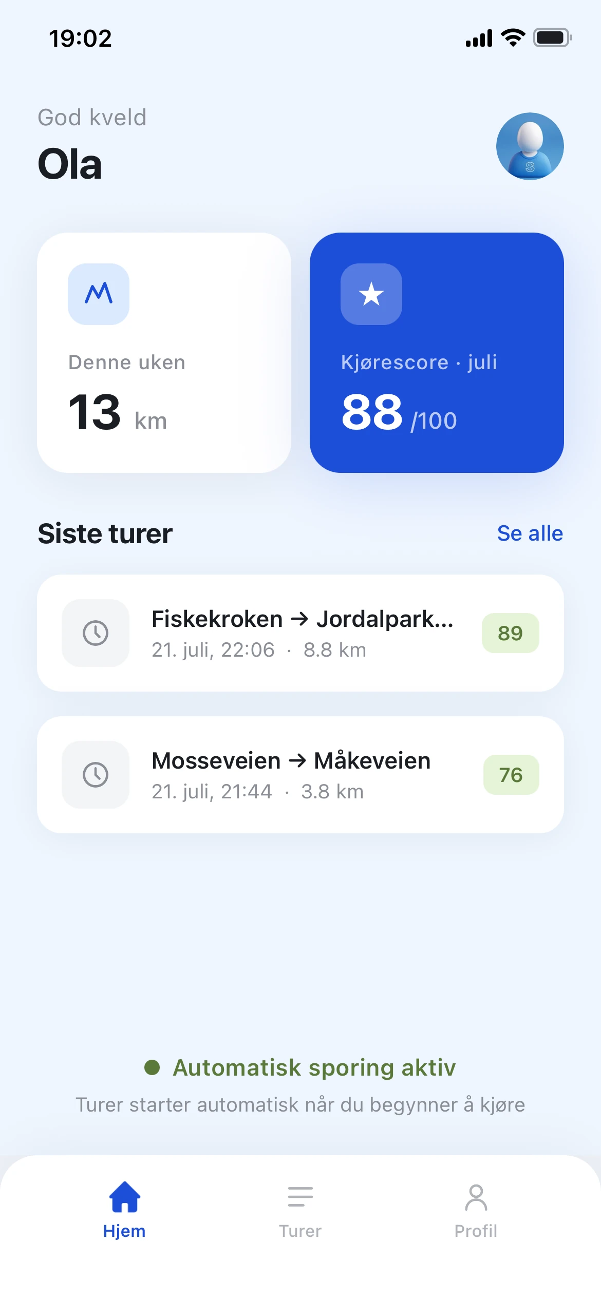 Settla-appen: kjørescore og siste turer